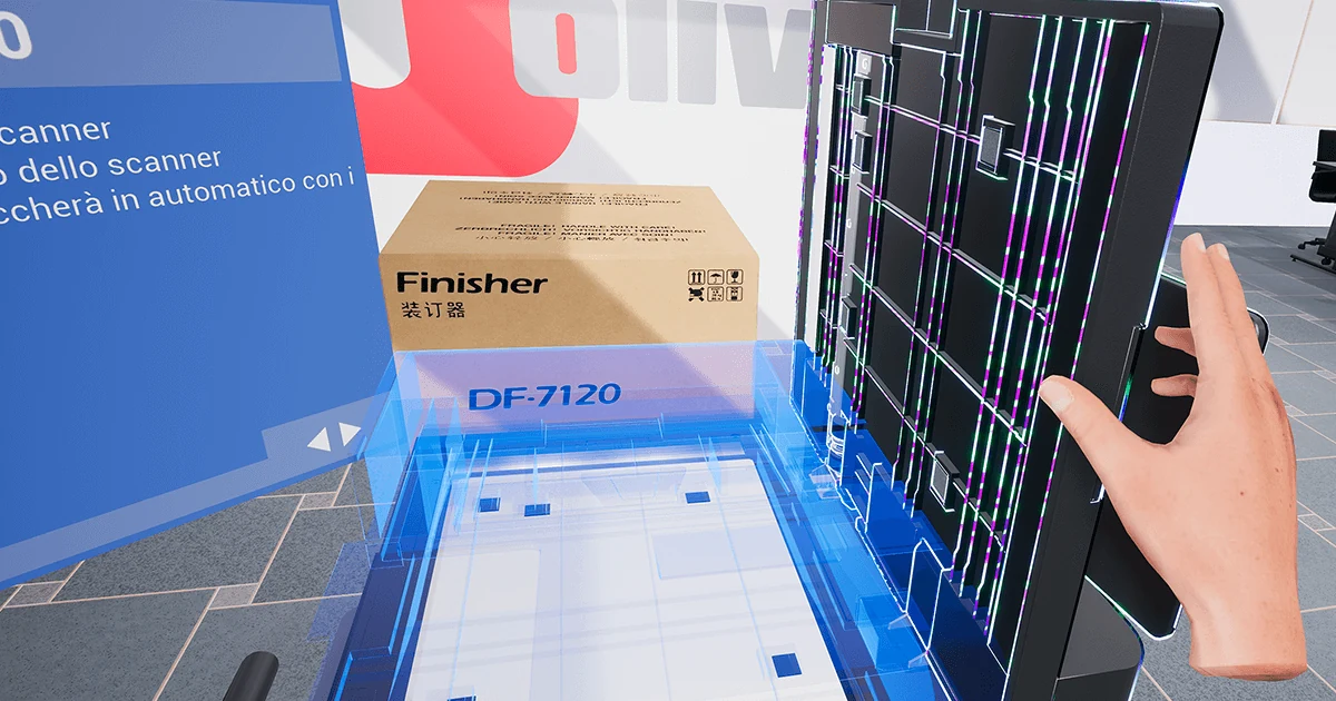 Olivetti simulator screenshot showing a hand interacting with a printer component and visual guidance