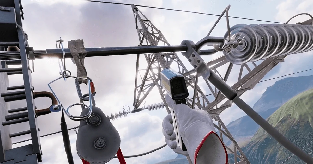Terna simulator detail showing a rope, tools and an insulator on a power line